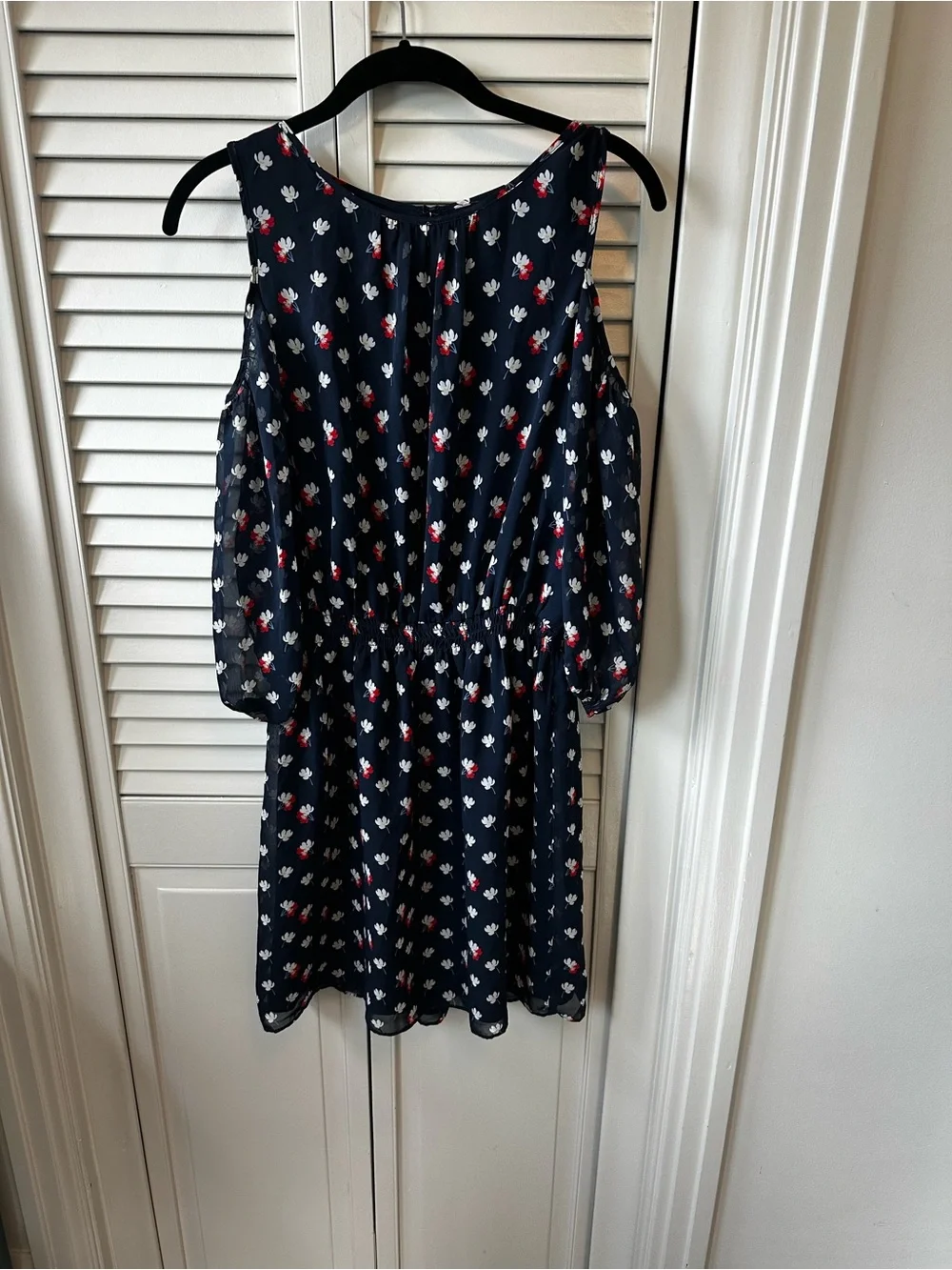 Women’s Navy Cold-Shoulder Floral Print Dress cut out shoulders sheer sleeves.